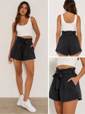 Zara Black High-Waist Paperbag Shorts with Tie Belt